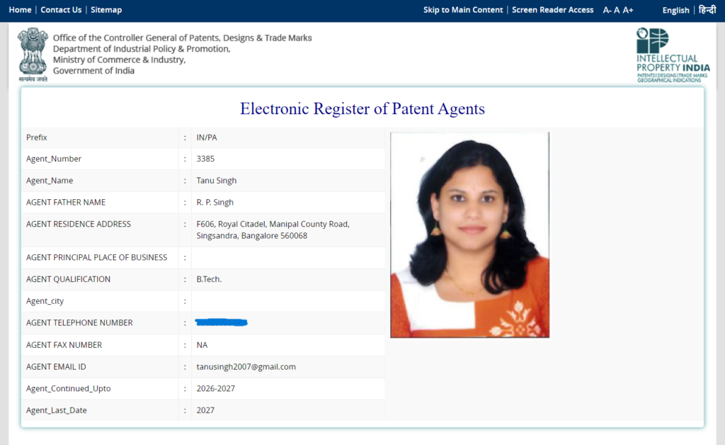 Tanu Singh Authorized patent agent to Intellectual Property India - Intellect Vidhya